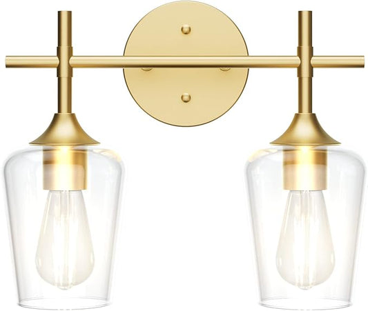 Ralbay Gold Bathroom Light Fixtures 2-Lights with Clear Glass Modern Wall Mount Lighting Industrial Farmhouse Gold Bathroom Vanity Lights Wall Sconce