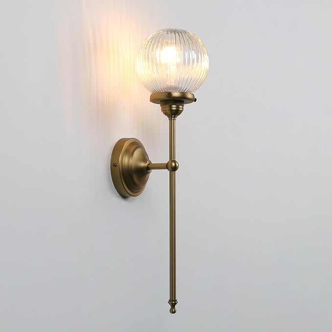 Pathson Vintage Wall Sconce Light with Clear Ribbed Glass, Industrial Hardwired Wall Vanity Lighting Decor for Living Room Bathroom Bedroom Fixture
