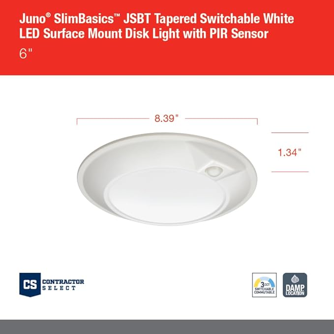 Juno JSBT 6-Inch SlimBasics Tapered Disk Downlight, Switchable + PIR Sensor, White (1 Pack)