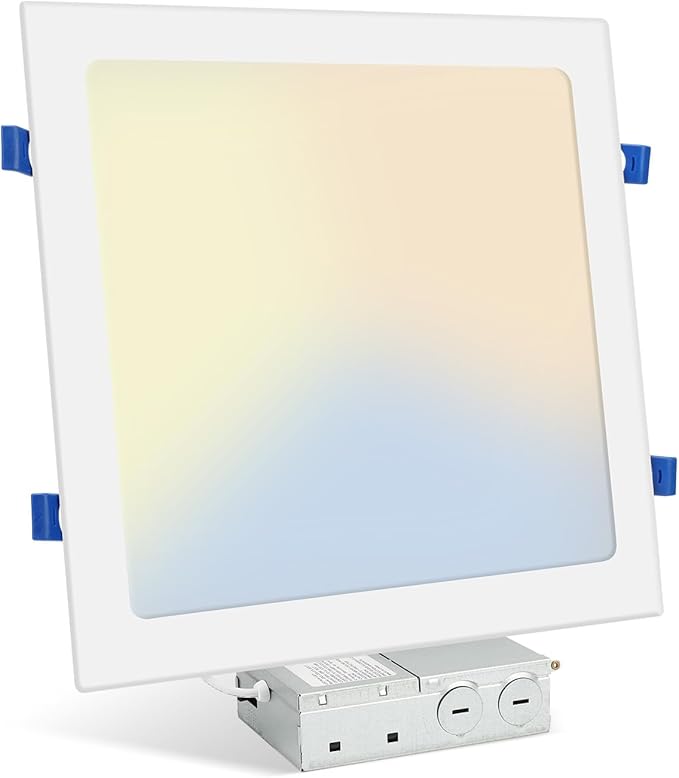 HONZIN 1 Pack 12 Inch Square Recessed Lighting, 5CCT Ultra-Thin LED Downlight, 2700K/3000K/3500K/4000K/5000K Selectable, Dimmable, 24W, IC Rated Canless Ceiling Lights with Junction Box, White Trim