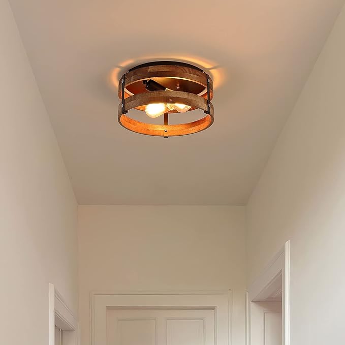 2-Light Rustic Flush Mount Light Fixture Oak Wood Round Drum Semi Flush Mount Ceiling Light for Hallway Bedroom Kitchen Entryway Farmhouse, Black