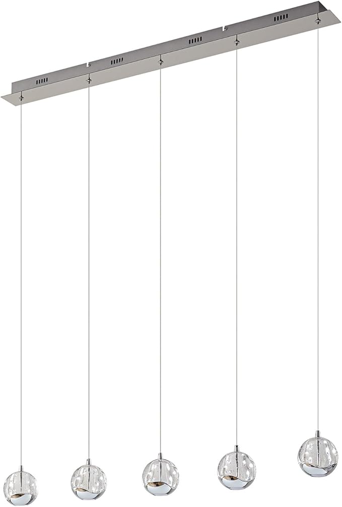 37.8" LED Linear Pendant Light Fixtures, 5-Light Chrome Linear Chandelier Bubble Glass Globes, LED 3000K Warm White, Modern Island Lights for Kitchen Living Room Ceiling Hanging, Hardwired