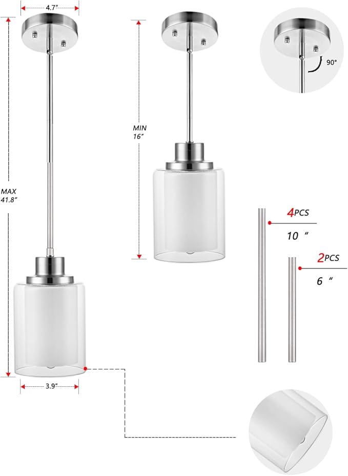 1-Light Mini Pendant Light Fixtures, 2-Pack Modern Hanging Ceiling Light, Adjustable Height, Brushed Nickel Pendant Lighting with Dual Glass for Kitchen Hallway