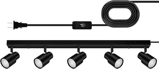 Plug in Track Lighting, 30" LED Track Light Fixtures Ceiling, Black 5 Way Ceiling Lights for Kitchen, 15FT Cord, Rotatable Light Head, Rocker Switch, Plug Spotlight for Bedroom Hallway(GU10, NO Bulb)
