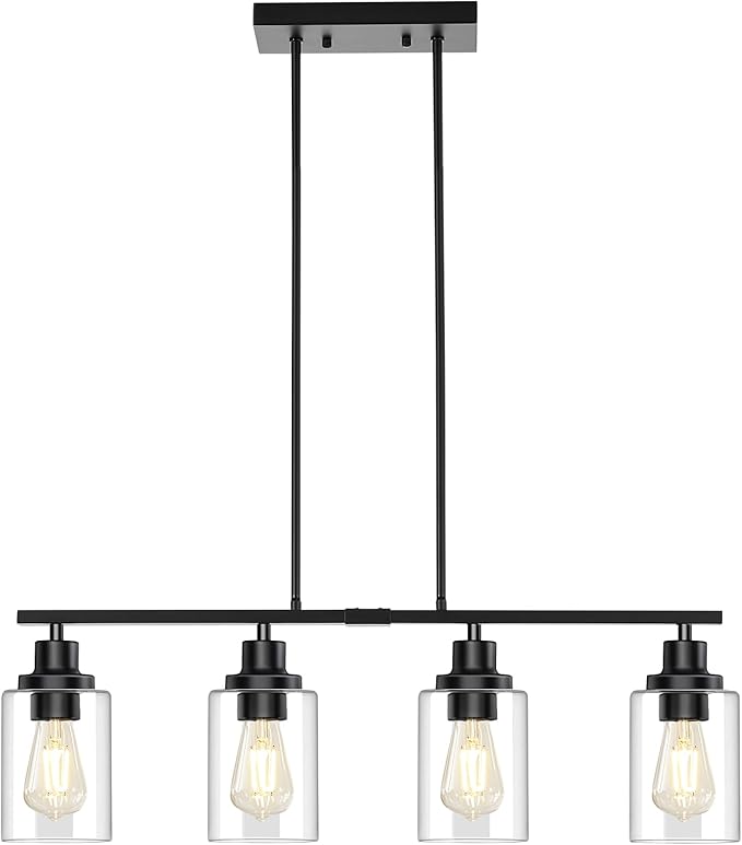 Dining Room Light Fixture, 4-Light Industrial Black Chandeliers for Dining Room, Height-Adjustable Dining Room Light Fixtures Over Table, Dining Room Chandelier Clear Glass Shade for Kitchen Island