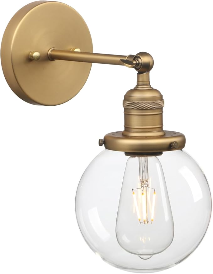 Phansthy 1-Light Wall Sconce, Brass Boho Bathroom Vanity Light, Modern Wall Light with Globe Glass Shade E26 Base, Adjustable Wall Lighting Fixtures for Bedroom, Living Room (Antique, Clear Shade)