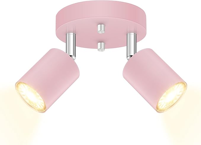 BoostArea LED 2 Light Track Lighting Kit, LED Track Lighting Fixtures, Pink Round Ceiling Spot Lighting, Flexibly Rotatable Light Head for Kitchen, Living Room, Bedroom, GU10 Bulb Not Included