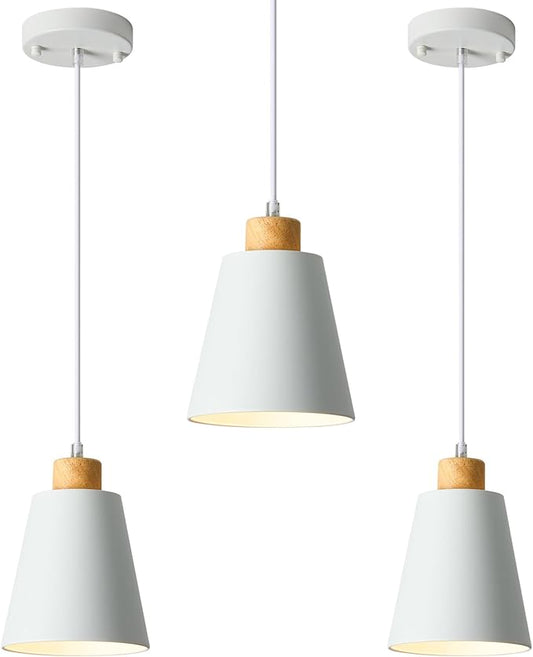 3 Pack Mini White Pendant Light Kitchen Island Modern Wood Pendant Lighting Cone Hanging Lights Hollow Top Nordic Island Light for Counter, Bar, Hallway