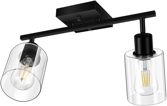 Track Lighting Fixtures Ceiling for Kitchen, Black 2-Light Wall Lights, Modern Led Track Lighting Ceiling with Glass Shade, Rotatable Head, Wall Mount Spotlight for Bathroom Vanity Hallway, E26 Base