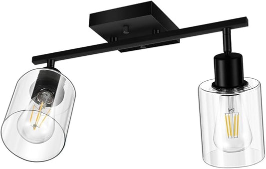 Track Lighting Fixtures Ceiling for Kitchen, Black 2-Light Wall Lights, Modern Led Track Lighting Ceiling with Glass Shade, Rotatable Head, Wall Mount Spotlight for Bathroom Vanity Hallway, E26 Base