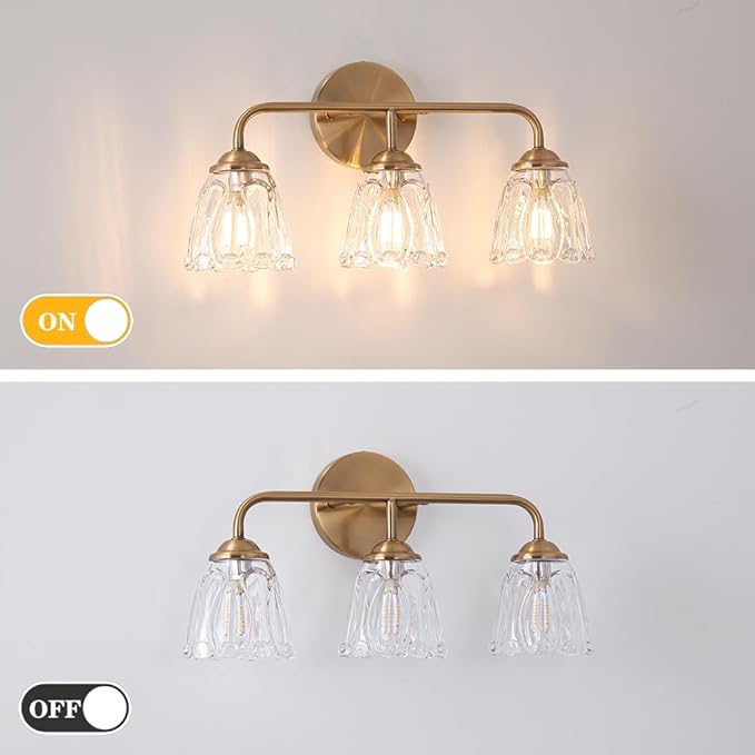 Daunton 3-Light Bathroom Vanity Light Gold, Vintage Vanity Light Fixtures Over Mirror, Brass Bathroom Light with Flower Glass Shade, Art Deco Wall Sconce Lighting for Bedroom, Living Room