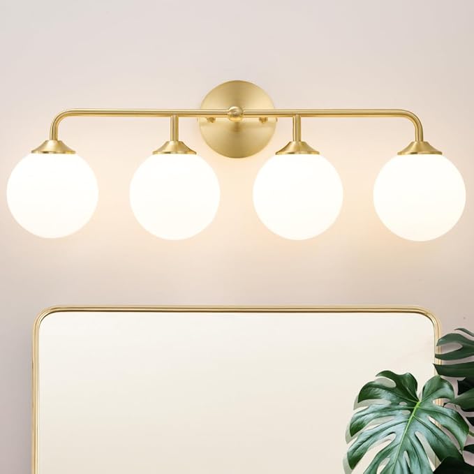Modern Brushed Brass Bathroom Light Fixtures, Elegant Gold 4-Lights Vanity Light Fixtures, Milky White Globe Glass Shade Vanity Light over Mirror, Wall Sconces for Bathroom Dressing Table Bedroom