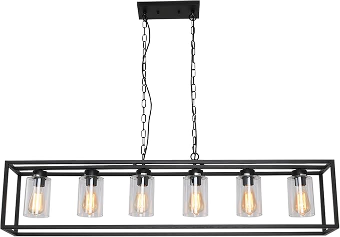 6-Light Black Kitchen Island Lighting with Clear Glass Shade, Modern Farmhouse Dining Room Light Fixtures Over Table, Island Lights for Kitchen, Dining Room, Bar, Foyer