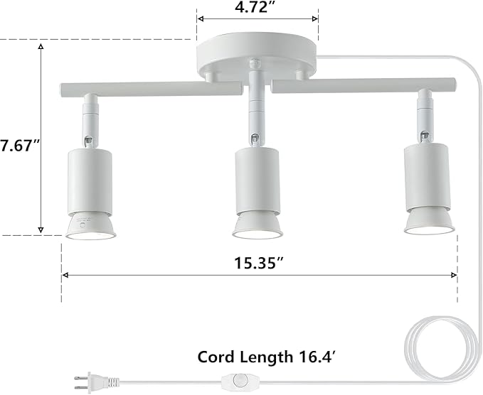 Dimmable 3 Light White Plug in Track Light White Plug in Ceiling Lighting Fixture with 16.4' Long Cord,3 Way Ceiling Spotlight,Rotatable Wall Mount Light Head,LED dimmable Spot Bulbs Included