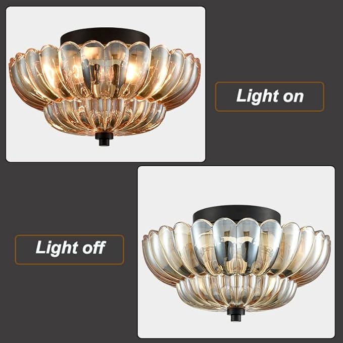 HYDELITE Modern Black Flush Mount Ceiling Light 3-Light Close to Ceiling Light Fixtures with Scalloped Amber Glass Shade for Living Room Entryway