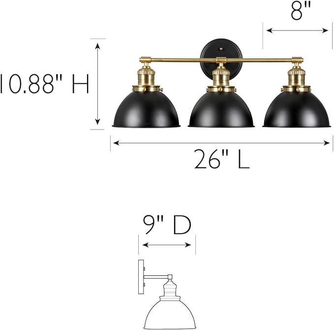 Design House Savannah Rustic Farmhouse 3-Light Bathroom Vanity Light, Dimmable, Satin Gold, Matte Black Metal Shade, 26 in x 9 in x 10.88 in, 588301-BGD