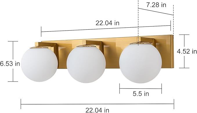 Lingkai Brushed Gold Vanity Light, 3-Light Bathroom Lighting Fixtures Above Mirror with Milky White Glass Globe Shades, Mid-Century Modern Vanity Lighting Fixtures Wall Sconce 22 Inch, E12 Socket