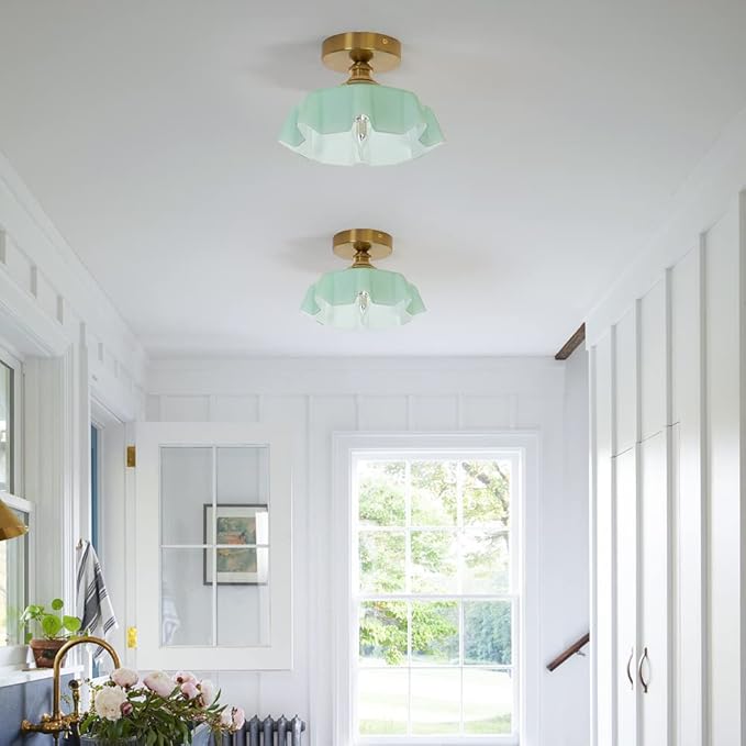 DSMJFU Brass Semi Flush Mount Ceiling Light, Cute Small Green Glass Flush Mount Ceiling Light, Porch Bathroom Lighting Fixtures with Flower Shape Glass for Closet Hallway Entryway