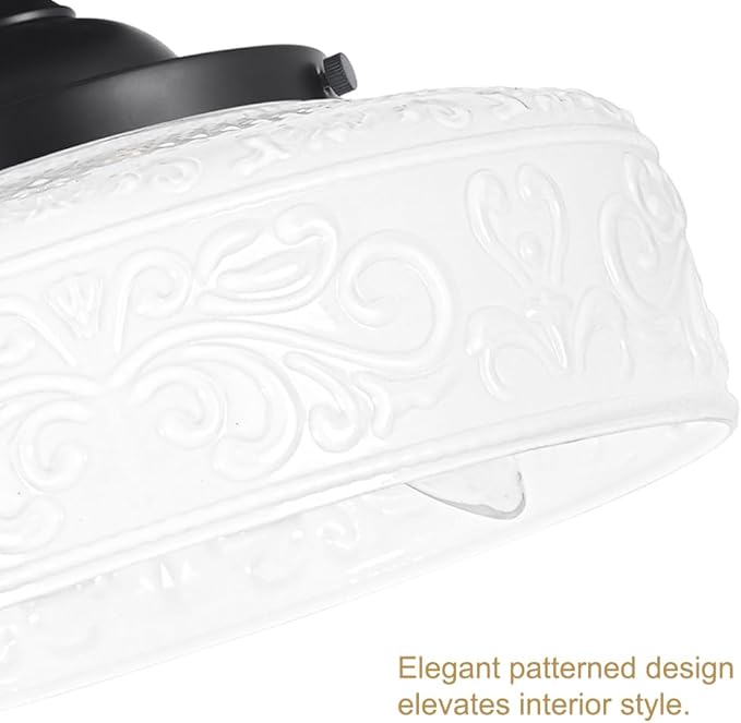 Black Semi Flush Mount Ceiling Light with Hand-Carved Design - 12 Inch Vintage White Glass Shade with Etched Patterns, Easy Install 3-Light Fixture for Hallway, Kitchen, Bedroom