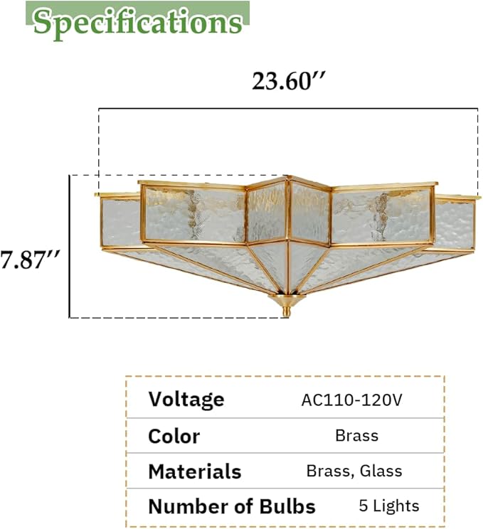 Brass Flush Mount Ceiling Light with Ceramic Light Socket, Star Shaped Ceiling Light Fixture, Mid Century Glass Ceiling Mount Lamp for Bedroom, Living Room Dining Room (Rippled Glass, 23.6")
