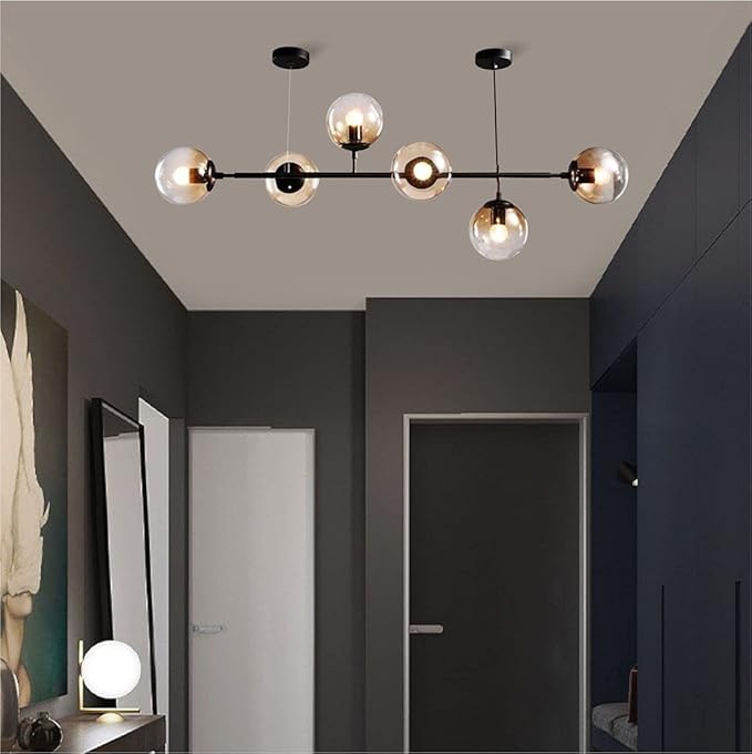 BOKT Modern 6-Light Hanging Light Glass Ball Pendant Light Kitchen Island Linear Pendant Light Dining Room Chandelier for Iving Room Dining Hall
