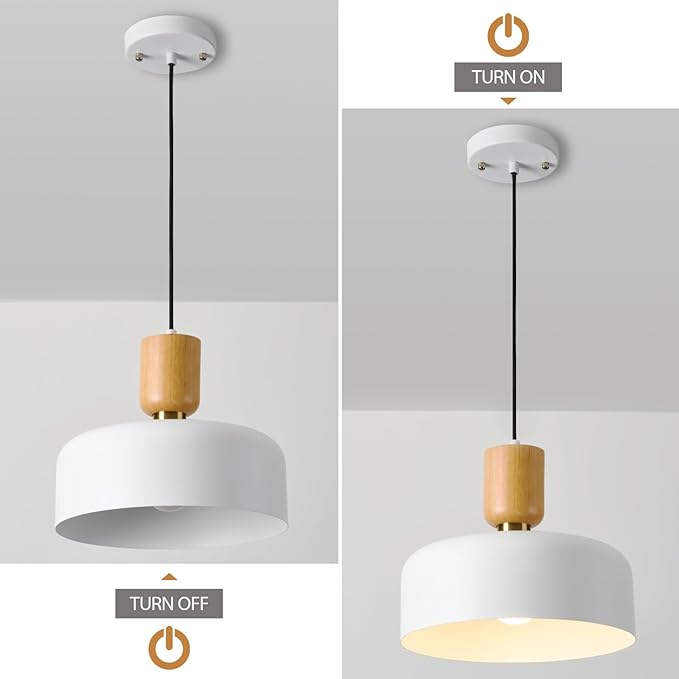 TeHenoo Modern Pendant Light,12 inch,Natural Wood and Brass Accent,Adjustable Simple Pendant Light Fixture for Kitchen Island, Dining Room, Matte White