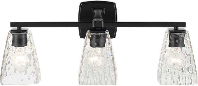 Kichler Marant 21.25" 3-Light Bathroom Vanity Light Fixture with Clear Water Glass in Black, Modern Wall Mount Over Mirror for Powder Room (21.25" W x 9.5" H), 55216BKWTR