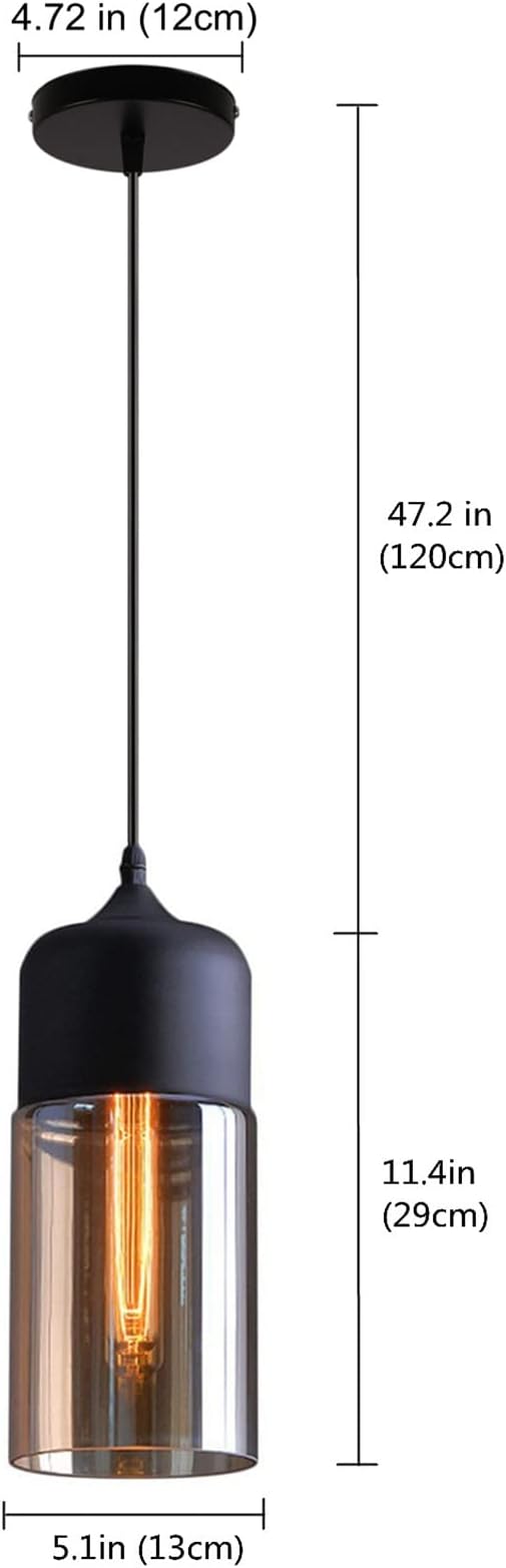 Glass Pendant Light, Black Modern Hanging Lamp with Amber Cylinder Shade, Vintage Industrial Farmhouse Pendant Lighting Fixture for Kitchen Island Dining Room Hallway