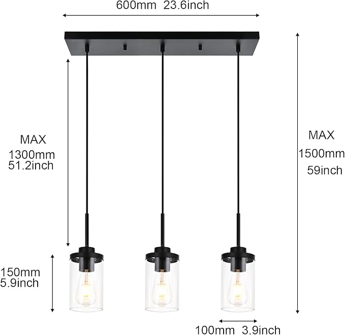 Pendant Lights Fixtures with Clear Glass Black Kitchen Light fixtures 3-Lights Hanging Light for Kitchen Island Dining Room Height Adjustable
