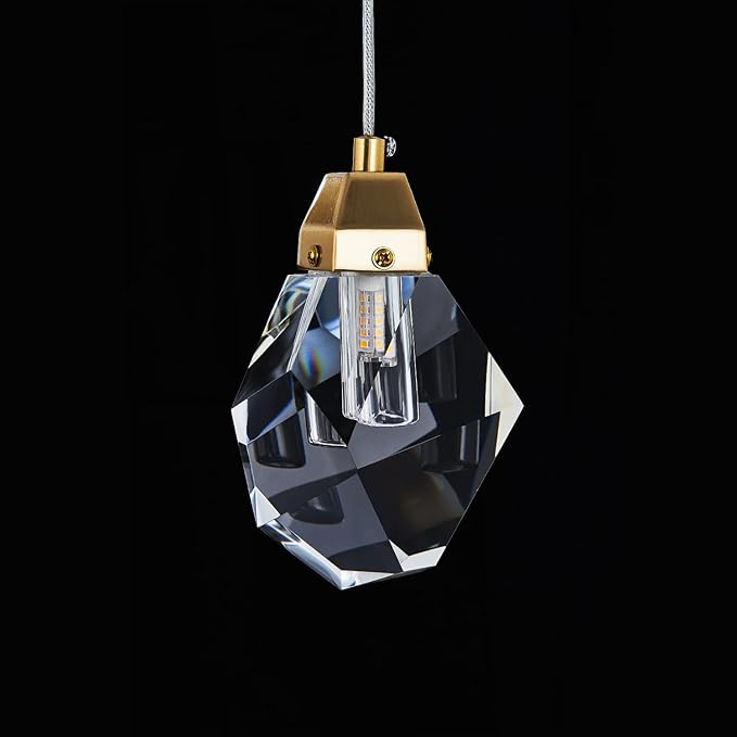1-Light Diamond Crystal Pendant Light, Mini Ceiling Hanging Light in Gold Brushed Brass Finish Prism Crystal Color Changing Led Hanging Light for Kitchen Island Bathroom Bedroom Bar