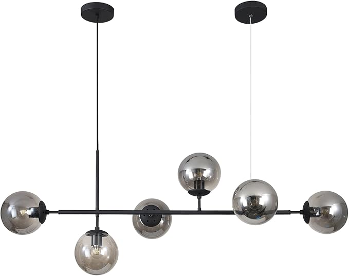 BOKT Mid Century Modern Globe Linear Chandelier Pendant Light Fixture Black Smoke Gray Glass Kitchen Island Pendant Light Dining Room Ceiling Hanging Lamp