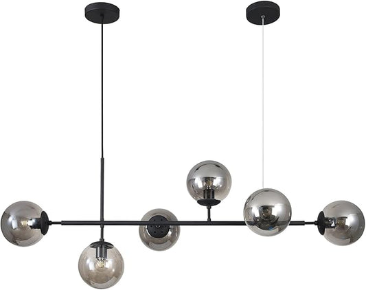 BOKT Mid Century Modern Globe Linear Chandelier Pendant Light Fixture Black Smoke Gray Glass Kitchen Island Pendant Light Dining Room Ceiling Hanging Lamp