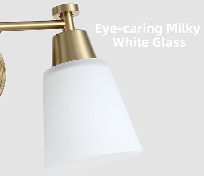 3-Light Bathroom Vanity Light, Gold Finish with Milk Glass Shades, Over Mirror, for Bathroom Vanity