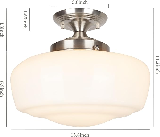 Large Schoolhouse Style Semi Flush Mount Ceiling Light Fixture, 14" Modern Hallway Ceiling Lamp with Opal Milk Glass Shade, Farmhouse Globe Light for Bedroom Kitchen Hallway Entryway, ROS588L SN