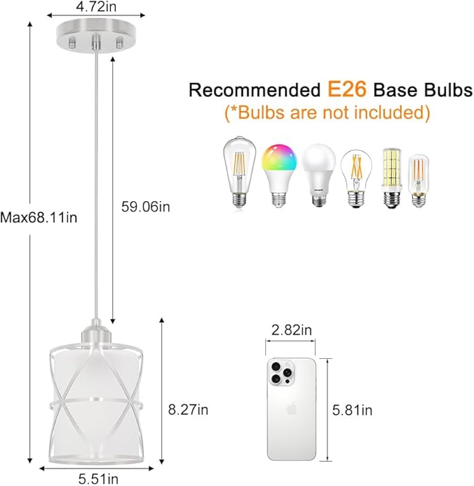 2 Pack Brushed Nickel Pendant Lights for Kitchen Island, Pendant Lights Kitchen Island with 5.51in Frosted Glass Shade, Adjustable Modern Hanging Lights - 59.06 Inch Cord for Dining Room, Entryway