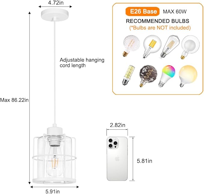 Modern White Industrial Pendant Light Fixtures Set of 2, Clear Glass Cage Pendant Light Kitchen Island, Adjustable Cord Hanging Light for Kitchen Island Decor, Over Sink Lighting Fixtures for Bathroom