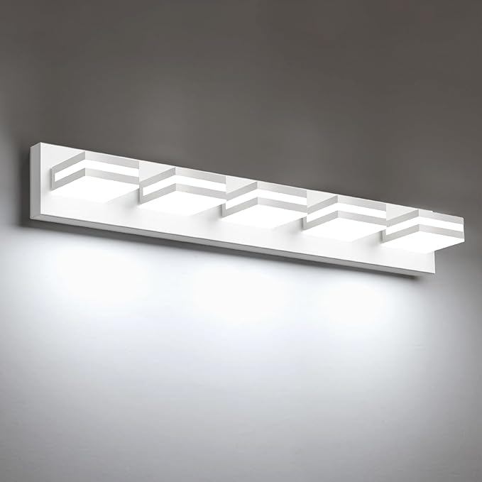 IZORRO LED Modern Bathroom Lights Fixtures(5-Light,Dimmable,360°Rotate),Matte White Acrylic Wall Lighting,Vanity Lights for Bathroom Over Mirror - 6000k 30In （No Assembly Required）