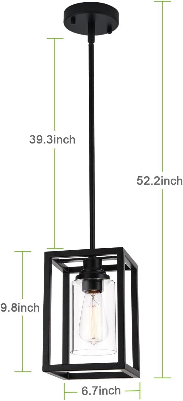 Kitchen Pendant Lighting Over Island, 1-Light Matte Black Farmhouse Pendant Light Fixtures, Rectangle Linear Metal Hanging Lighting Fixture with Clear Glass Shade for Dining Room Entryway Hallway