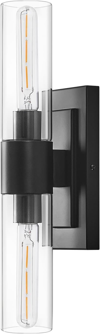 19" Modern Wall Sconce,2-Light Bathroom Vanity Light,Glass Tube Indoor Wall Sconce,Black Wall Light Wall Lamp for Bedroom, Mirror,Washroom, Hallway Hardwired Sconces Wall Lighting,E26 Base