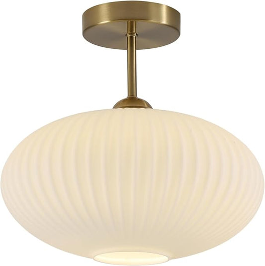 Mid Century Modern Brass Semi Flush Mount Ceiling Light Small Ribbed Milk Glass Flush Mount Ceiling Light Gold and White Flush Mount Light Vintage Hallway Lighting Fixtures