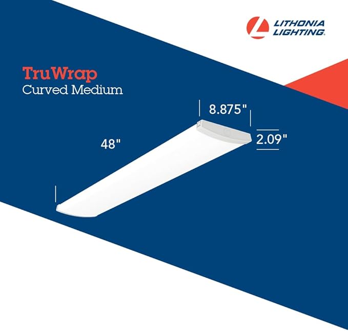 Lithonia Lighting TruWrap 4 Foot LED Ceiling Light Fixture, Low-Profile Wraparound LED Shop Light, Adjustable Lumens, Selectable Warm White/Cool White/Daylight Color, Curved Diffuser, Medium Width