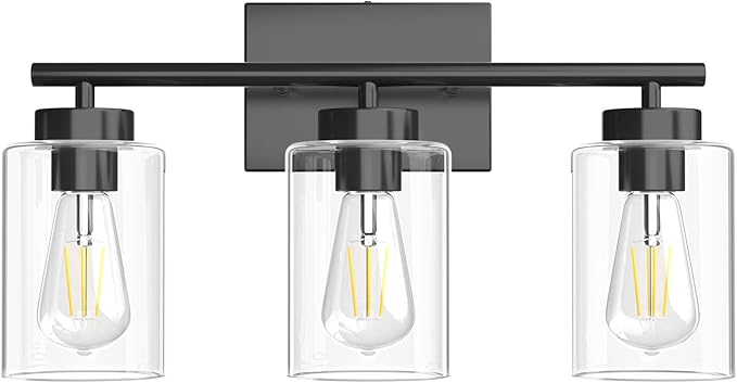 Aipsun 3 Light Black Bathroom Vanity Light, Modern Light Fixture with Clear Glass Shade, Industrial Wall Light for Kitchen Bedroom Living Room (Exclude Bulb)