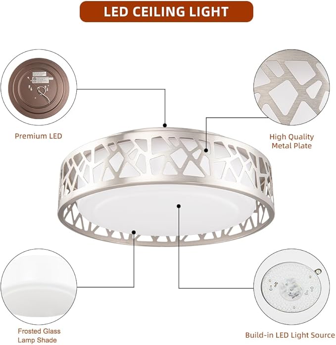 Flush Mount Light Fixtures, 12 Inch Dimmable LED Kitchen Ceiling Lights, 15W 1100 Lumens 3000K Warm White, ETL Listed,Brush Nickel Finished,Metal Body and Acrylic Shade