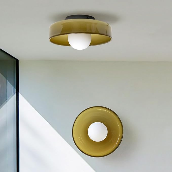 Mid Century Orange Glass Semi Flush Mount Ceiling Light with Milk Globe Nordic Modern Green Hallway Lighting Fixtures Round Bedside Wall Mount Lamp for Bedroom Cloakroom Stairway