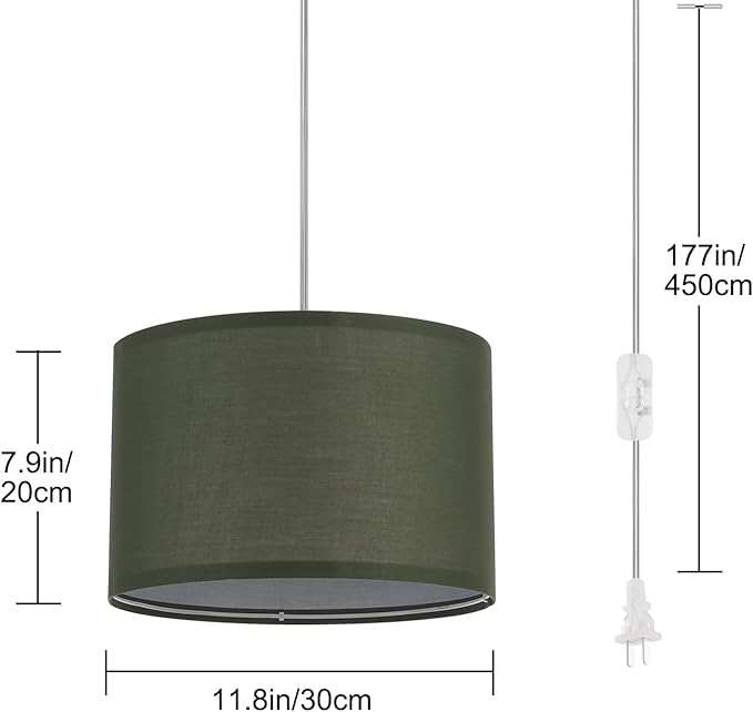 2 Pack Plug in Pendant Light, Hanging Light with 15Ft Clear Cord, On/Off Switch, Light Green Fabric Lamp Shade, Hanging Light Fixture for Bedroom, Kitchen