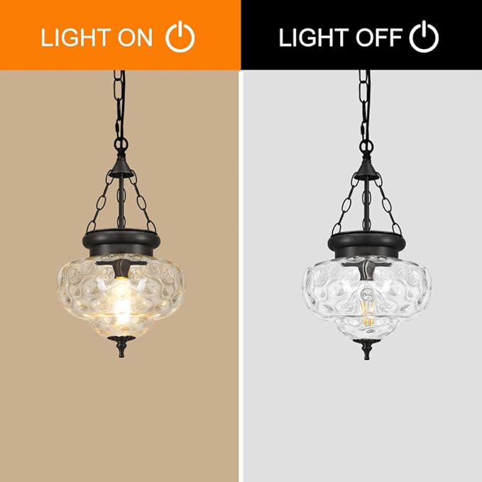 Vintage Pendant Light - Matte Black Pendant Lights Kitchen Island with Hammered Glass Shade, Hanging Lighting Fixtures with Adjustable Hanging Chain for Kitchen, Island, Dining Room, Entryway