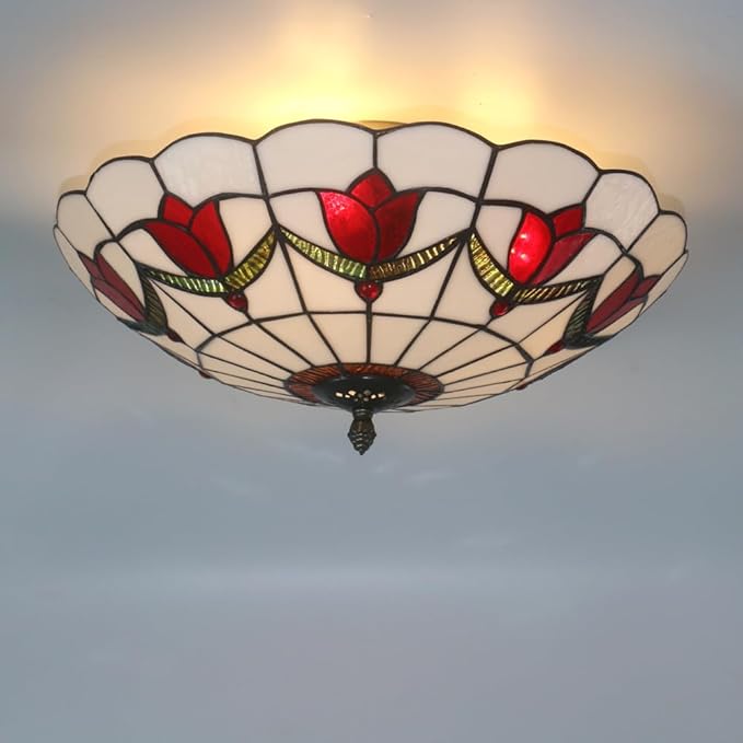 16 Inch Tiffany Style Stained Glass Ceiling Light Flush Mount Ceiling Light Vintage Chandeliers Pendent Light Fixtures (16 Inch Red)