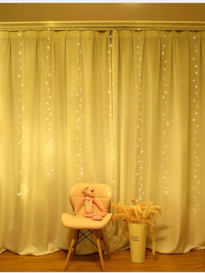 200 LED Warm White Curtain Light for Party/Wedding/Festival/Christmas,Window Blinking String Light for Bedroom/Living Room,USB Plug with 8 Modes(Battery not Included)