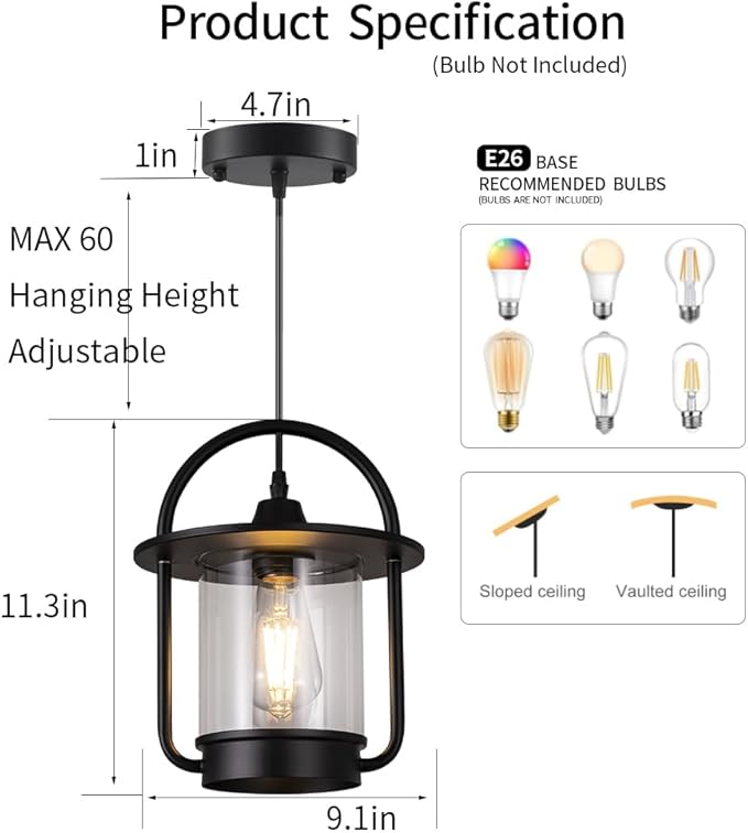Black Pendant Lights Kitchen Island, Modern Mini Hanging Light Fixtures with Clear Glass, Farmhouse Kitchen Pendant Lighting Over Island for Sink Dining Room 2 Pack