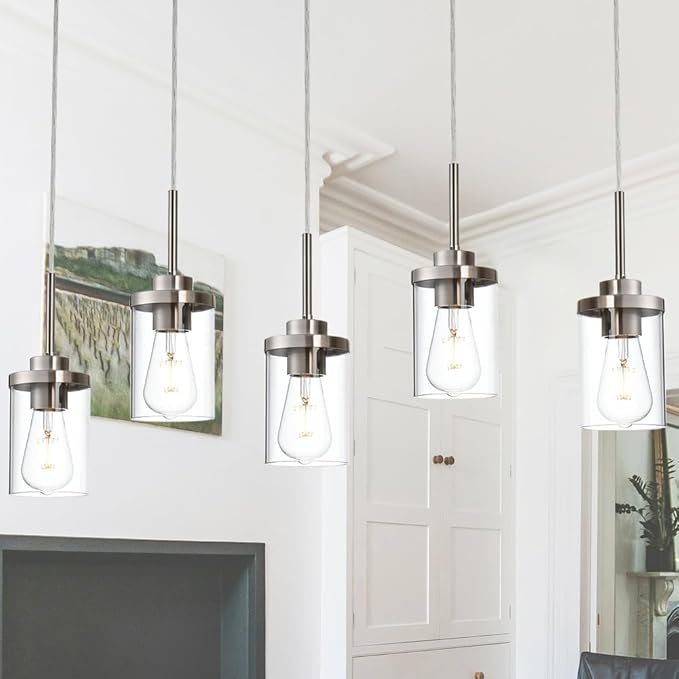 5 Lights Island Lights for Kitchen Modern Industrial Brushed Nickel Linear Chandeliers with Clear Glass Shade for Dining Room Kitchen Long Finish Ceiling Lighting Fixtures